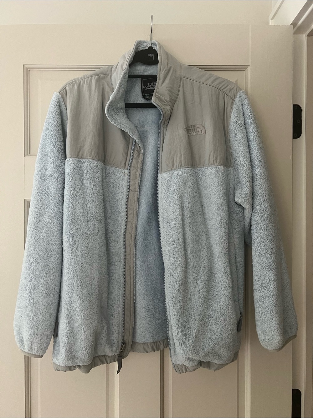 The North Face Pale Blue Fleece Teddy Jacket with Gray Yoke